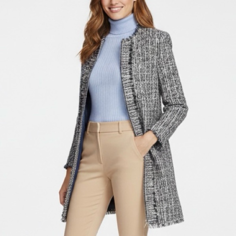 J .MCLAUGHLIN Walker Tweed Fringe Trim Full Zip Coat Longline Topper Jacket XS